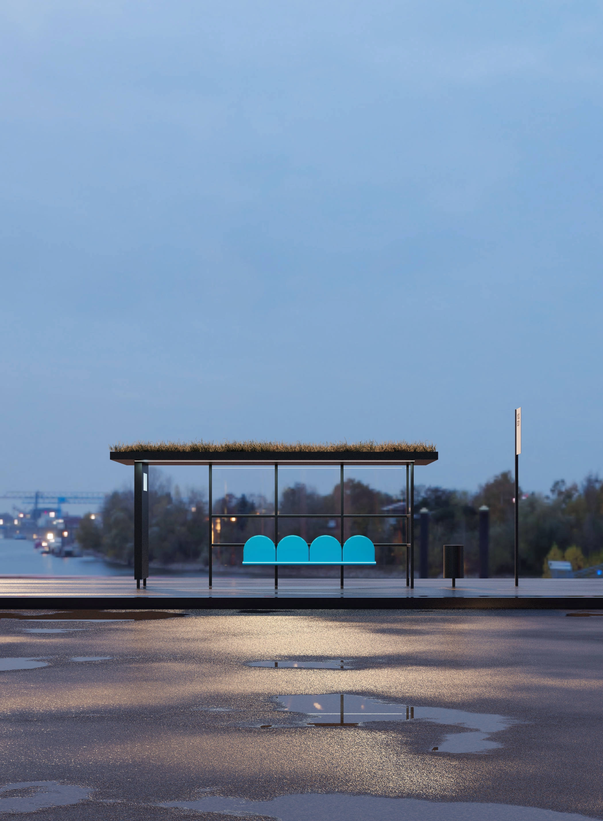 Public transport stop concept including green roof for pollinators.
