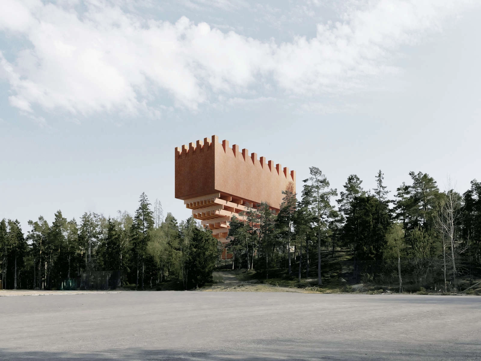 Wooden water tower peeks over the treetops.