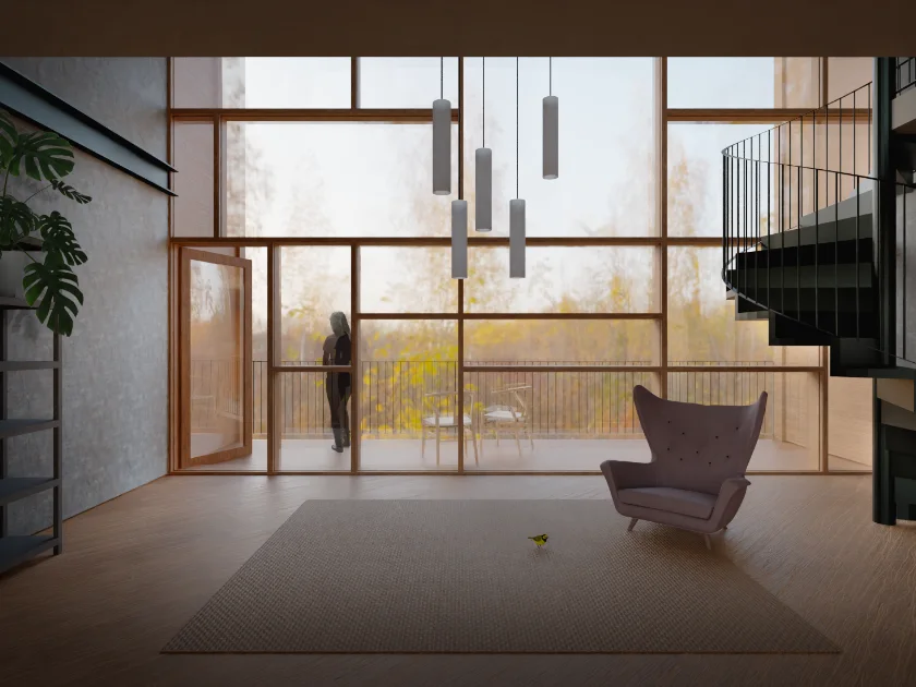 Loft apartment constructed from reused concrete elements interior view