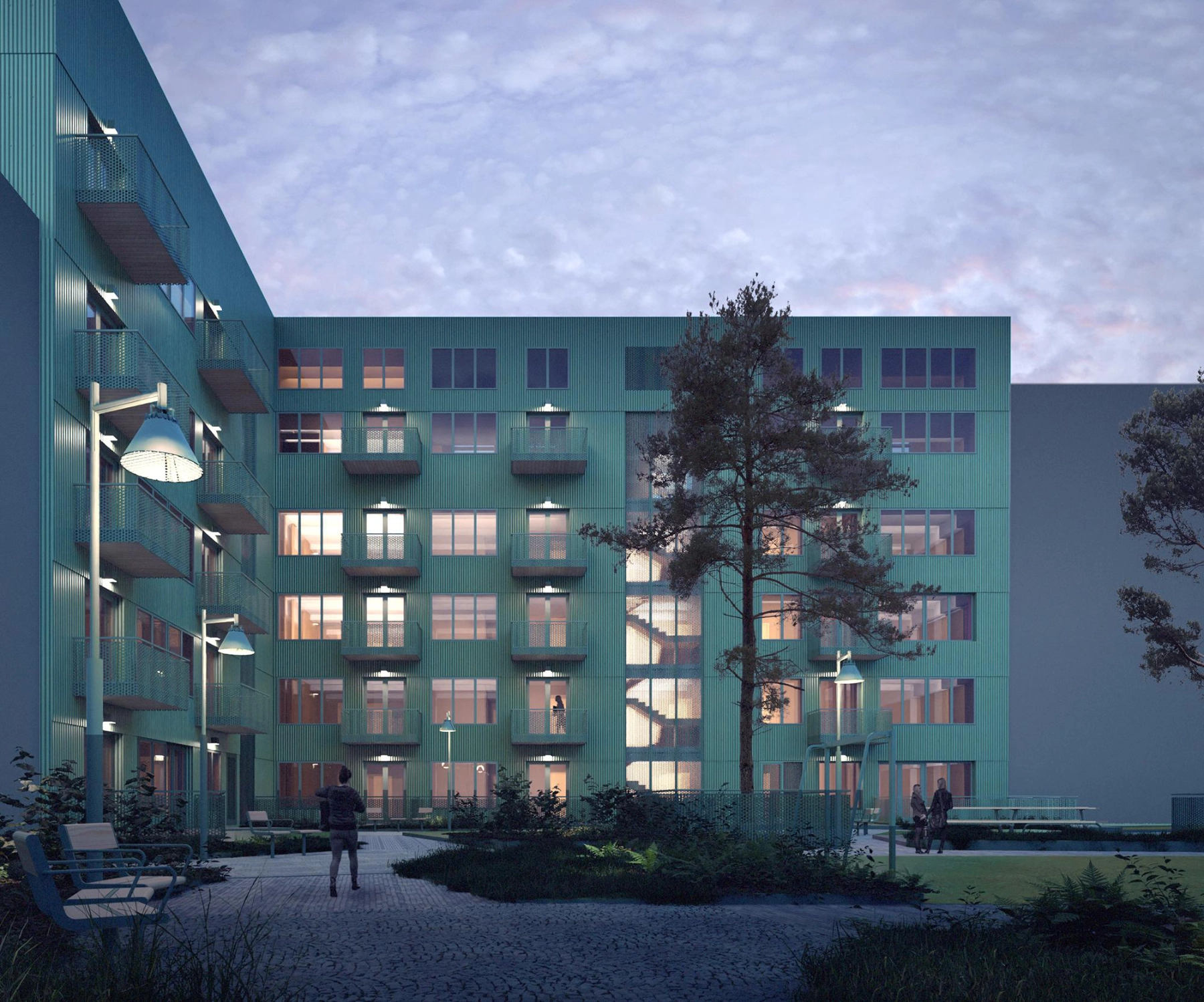 Exterior view of reused material block of flats.